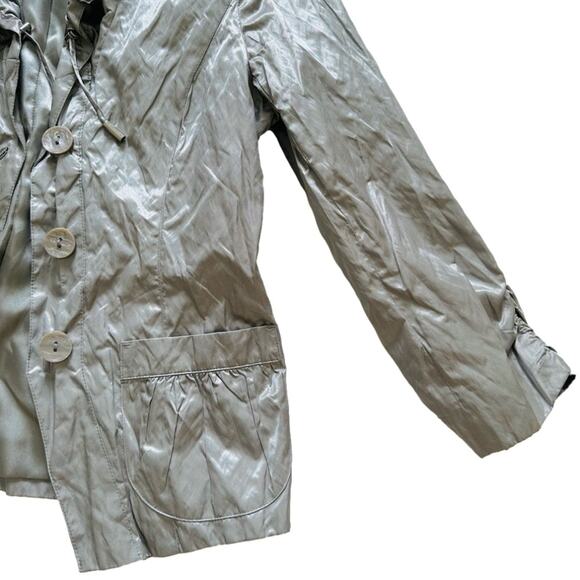 Chico’s Jacket Gray Green Metallic 3/4 Sleeve Ruffle Collar Rain Jacket Small - Picture 9 of 11